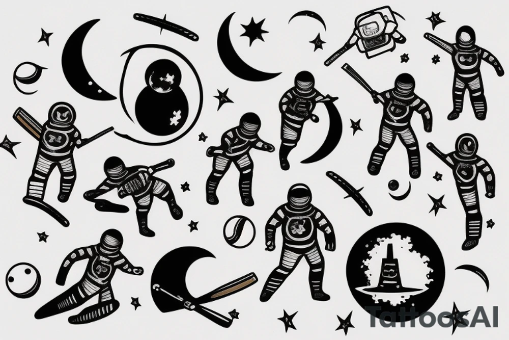 Spacemen playing cricket with the moon tattoo idea