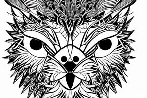 half face lion half face owl wit the lune separating in the middle vertically tattoo idea