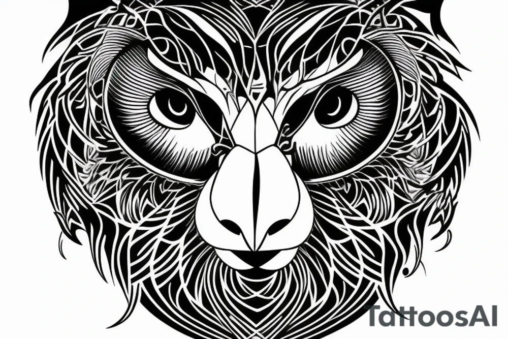 half face lion half face owl wit the lune separating in the middle vertically tattoo idea