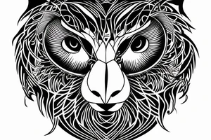 half face lion half face owl wit the lune separating in the middle vertically tattoo idea