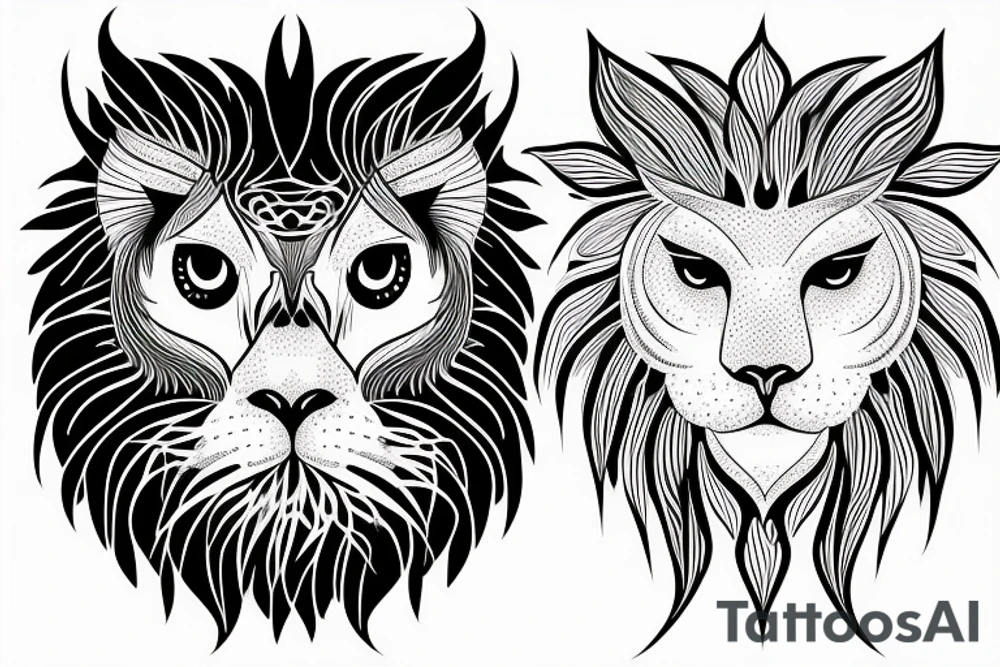 half face lion half face owl wit the lune separating in the middle vertically tattoo idea