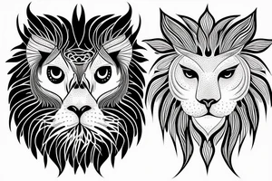 half face lion half face owl wit the lune separating in the middle vertically tattoo idea
