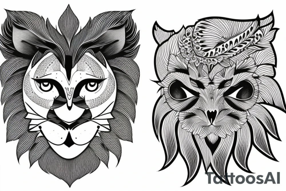 half face lion half face owl wit the lune separating in the middle vertically tattoo idea