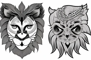 half face lion half face owl wit the lune separating in the middle vertically tattoo idea