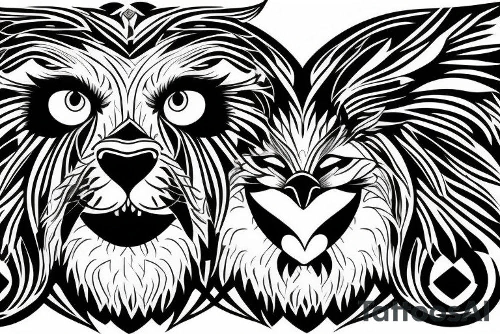 Half face lion and half face owl separated with a line in the vertical middle tattoo idea