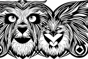 Half face lion and half face owl separated with a line in the vertical middle tattoo idea