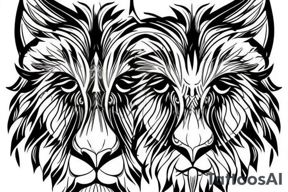 Half face lion and half face owl separated with a line in the vertical middle tattoo idea