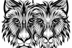 Half face lion and half face owl separated with a line in the vertical middle tattoo idea