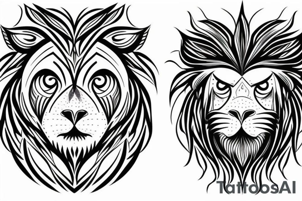 Half face lion and half face owl separated with a line in the vertical middle tattoo idea