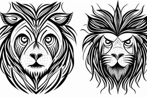 Half face lion and half face owl separated with a line in the vertical middle tattoo idea
