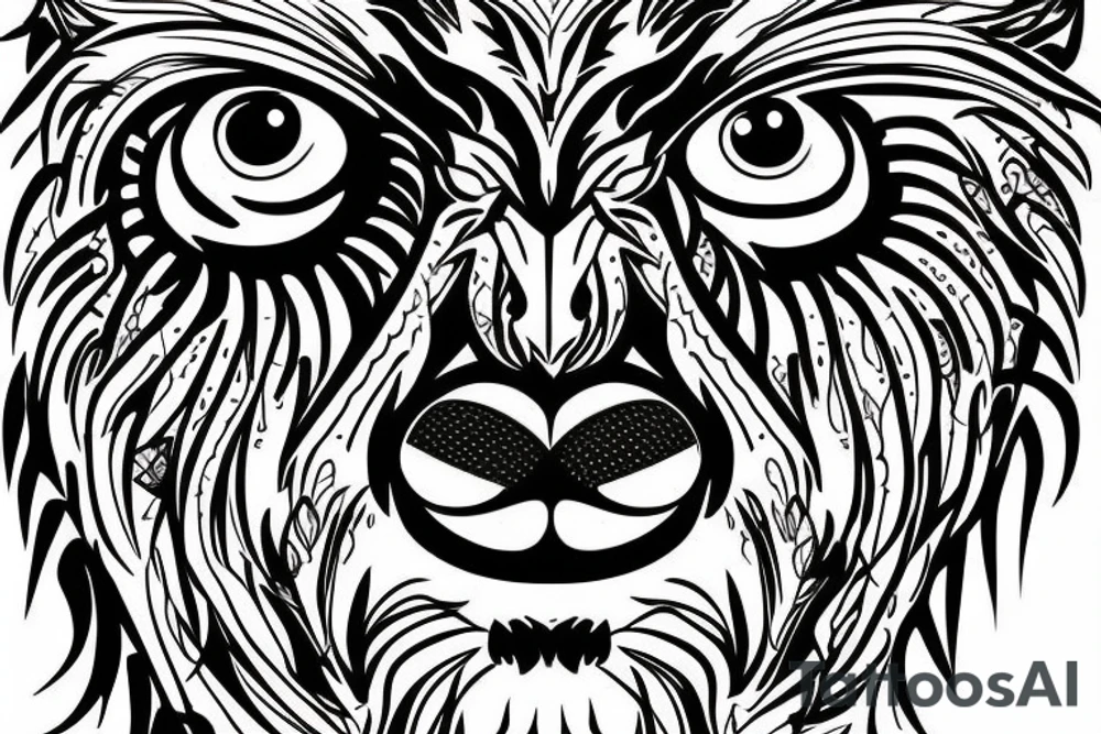Half face lion and half face owl separated with a line in the vertical middle tattoo idea