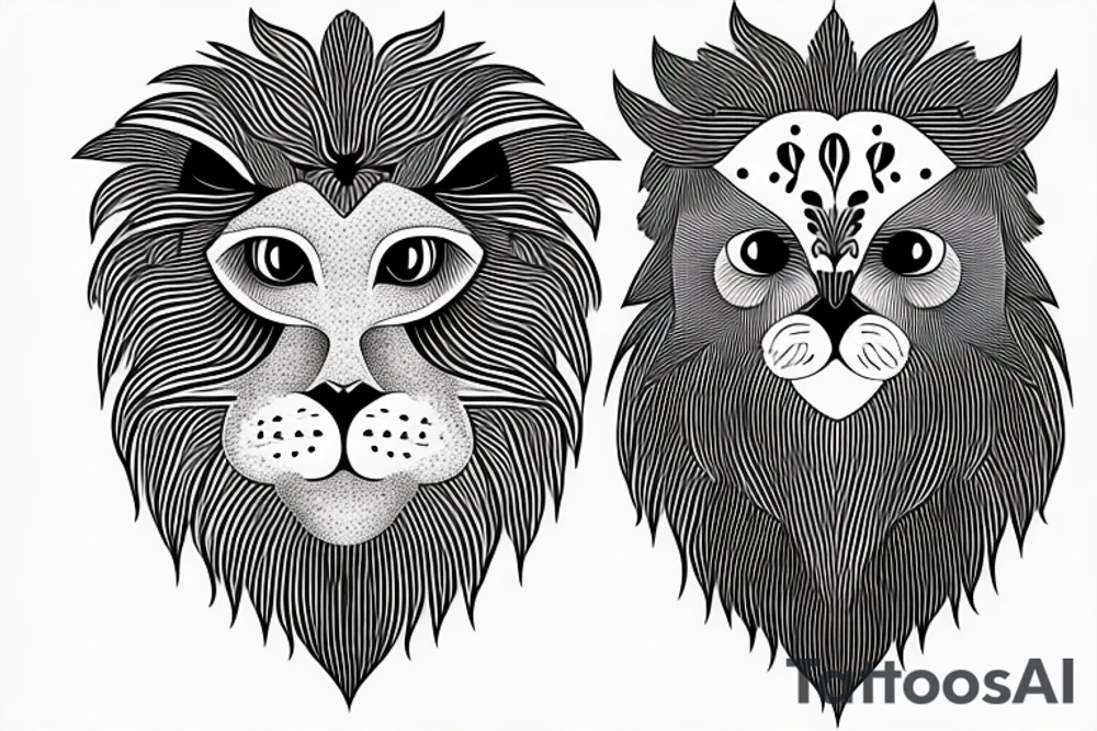 Half face lion and half face owl separated with a line in the vertical middle tattoo idea