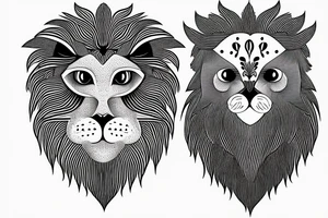Half face lion and half face owl separated with a line in the vertical middle tattoo idea