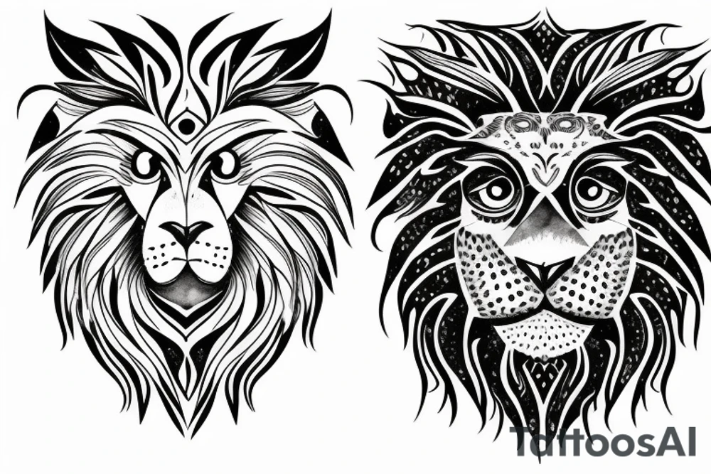 Half face lion and half face owl separated with a line in the vertical middle tattoo idea