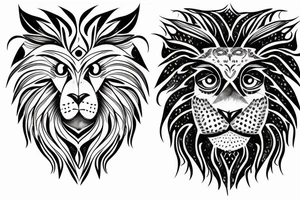Half face lion and half face owl separated with a line in the vertical middle tattoo idea