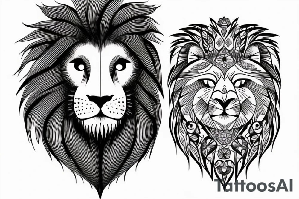 Half face lion and half face owl separated with a line in the vertical middle tattoo idea