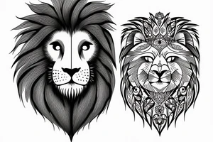 Half face lion and half face owl separated with a line in the vertical middle tattoo idea