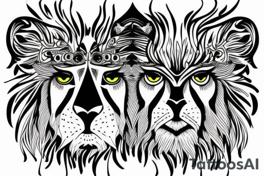 Half face lion and half face owl separated with a line in the vertical middle tattoo idea