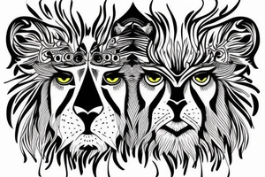 Half face lion and half face owl separated with a line in the vertical middle tattoo idea