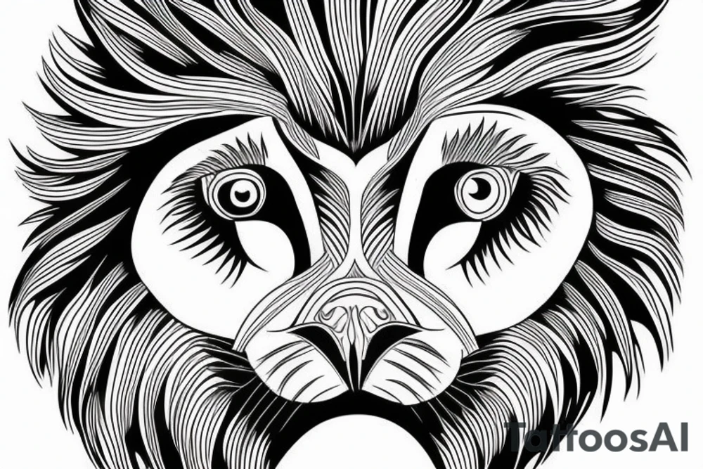 Half face lion and half face owl separated with a line in the vertical middle tattoo idea