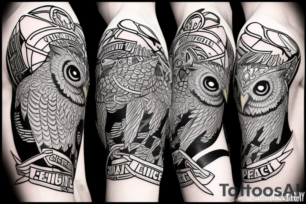 Owl fighting for equality, justice, and peace tattoo idea
