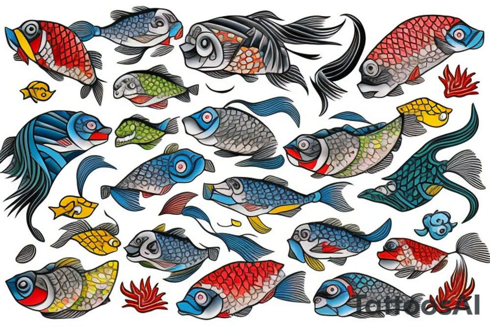 Japanese fish and waves in full color inner bicep tattoo tattoo idea