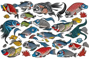 Japanese fish and waves in full color inner bicep tattoo tattoo idea