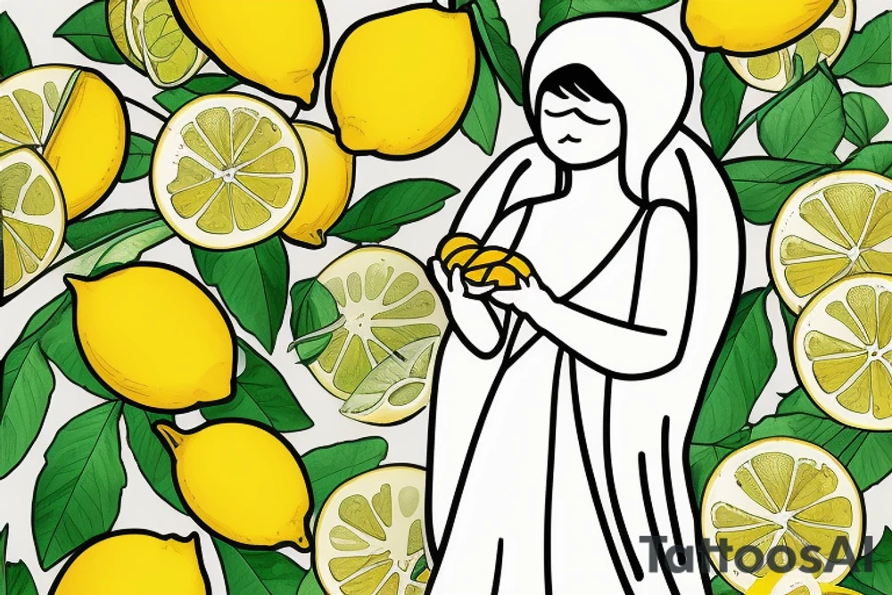 Angel with white cloth grabbing a lemon, the lemon has a nice green stem tattoo idea