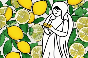 Angel with white cloth grabbing a lemon, the lemon has a nice green stem tattoo idea