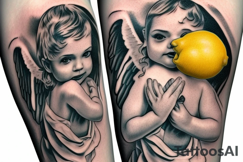 Angel grabbing a lemon from tree tattoo idea