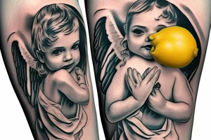 Angel grabbing a lemon from tree tattoo idea