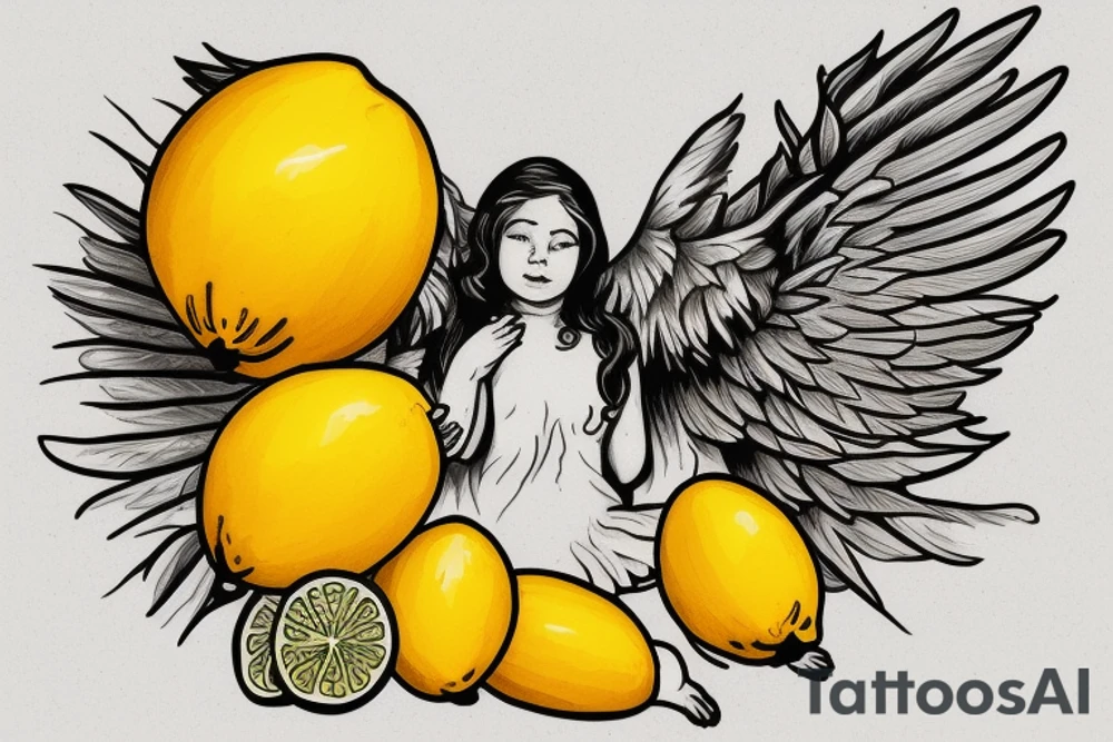 Angel grabbing a lemon from tree tattoo idea