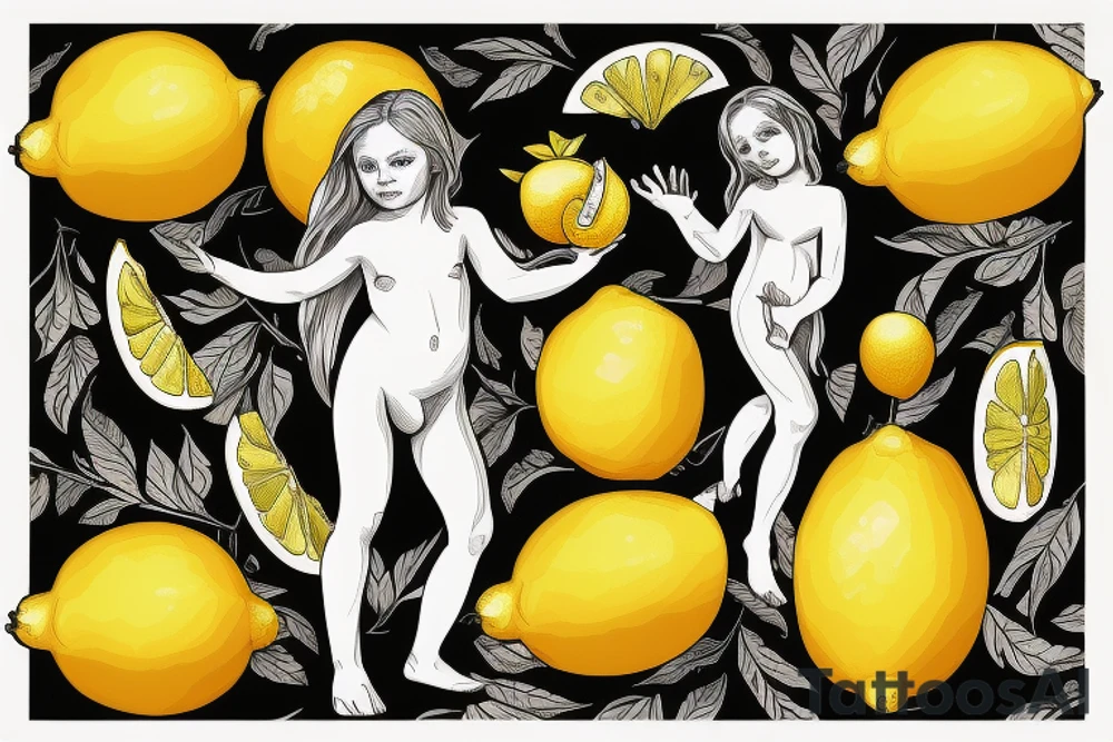 Angel grabbing a lemon from tree tattoo idea