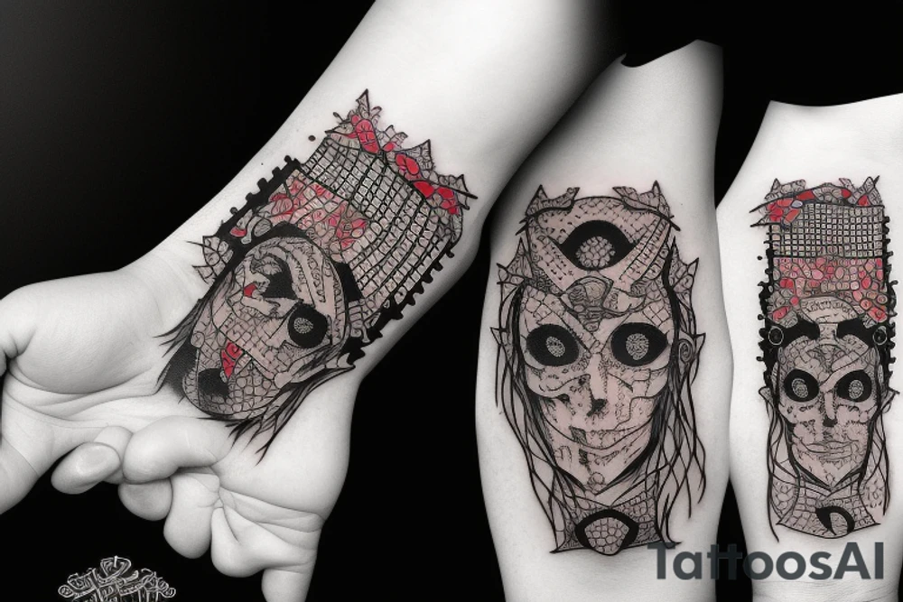 trash polka red and black, full slave tattoo idea