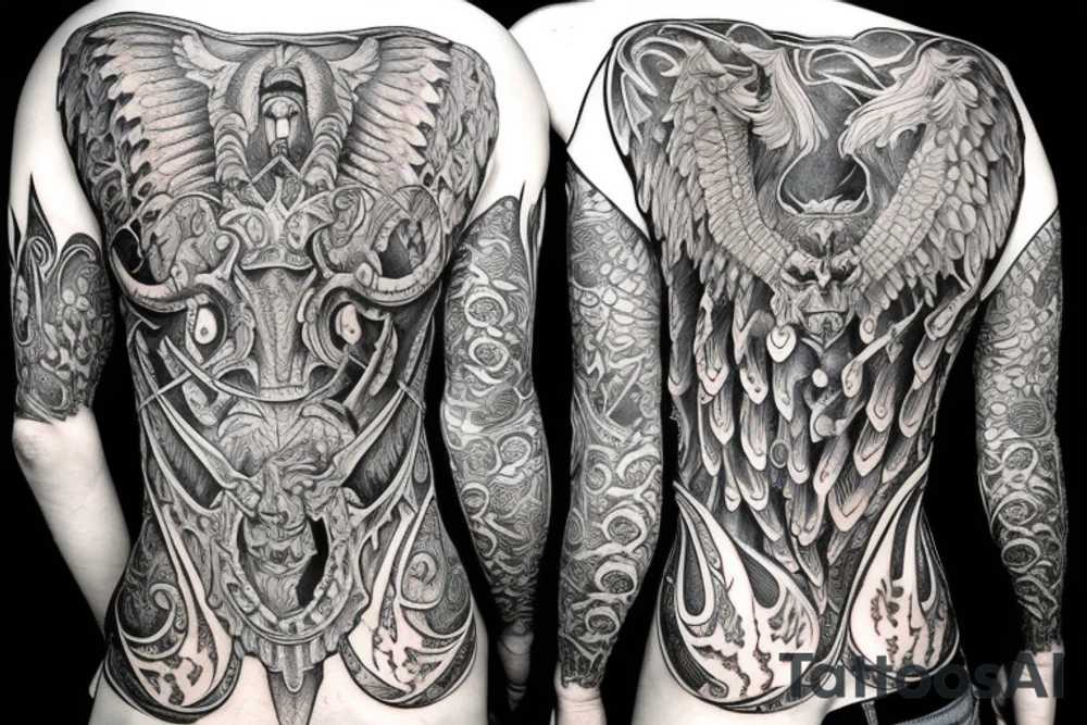 back piece of two symmetrical gargoyles right one in color left side in blackwork tattoo idea