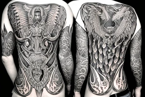 back piece of two symmetrical gargoyles right one in color left side in blackwork tattoo idea
