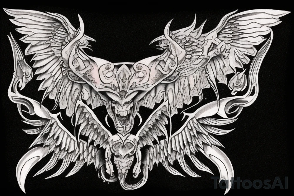 back piece of two symmetrical gargoyles right one in color left side in blackwork tattoo idea