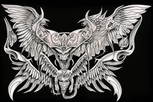 back piece of two symmetrical gargoyles right one in color left side in blackwork tattoo idea
