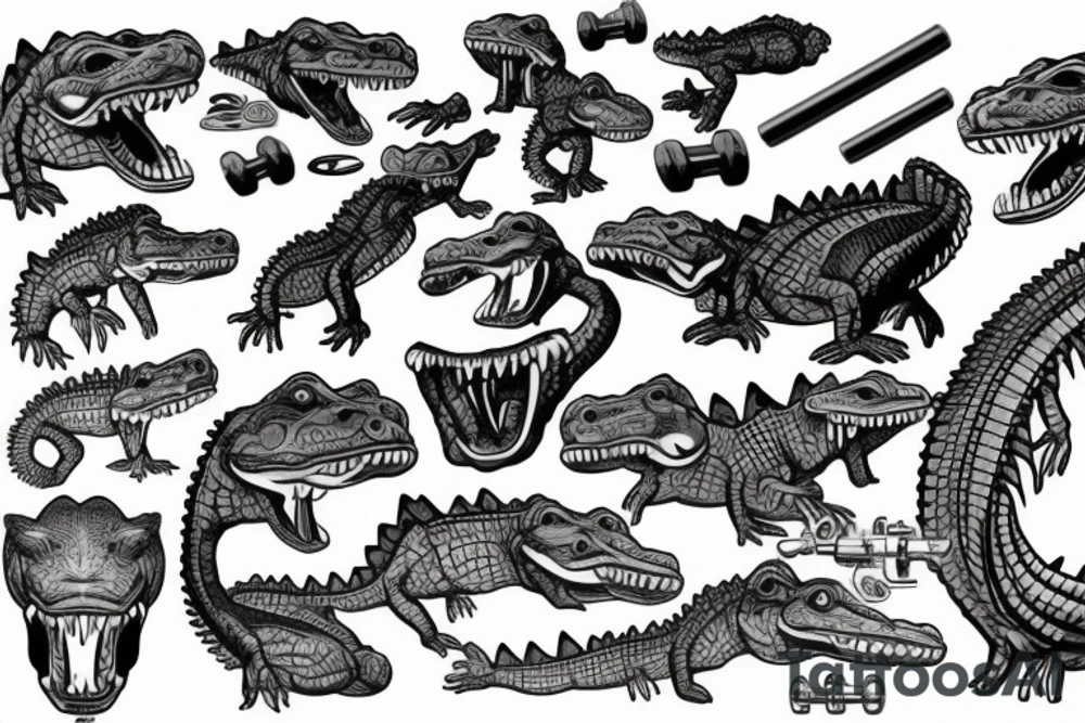 crocodile lifts a barbell sport tattoo idea