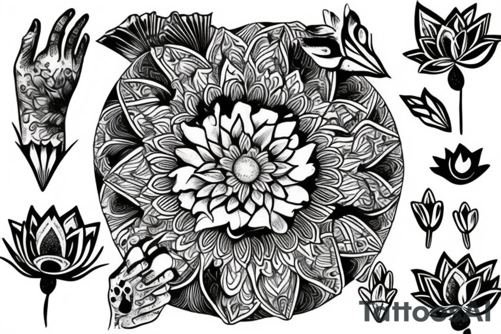 peaseant hand holding a lotus flower tattoo idea