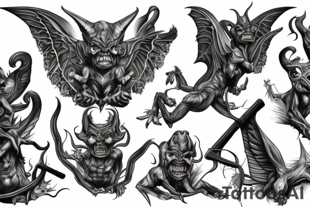 two dark and detailed symettrical gargoyles tattoo idea