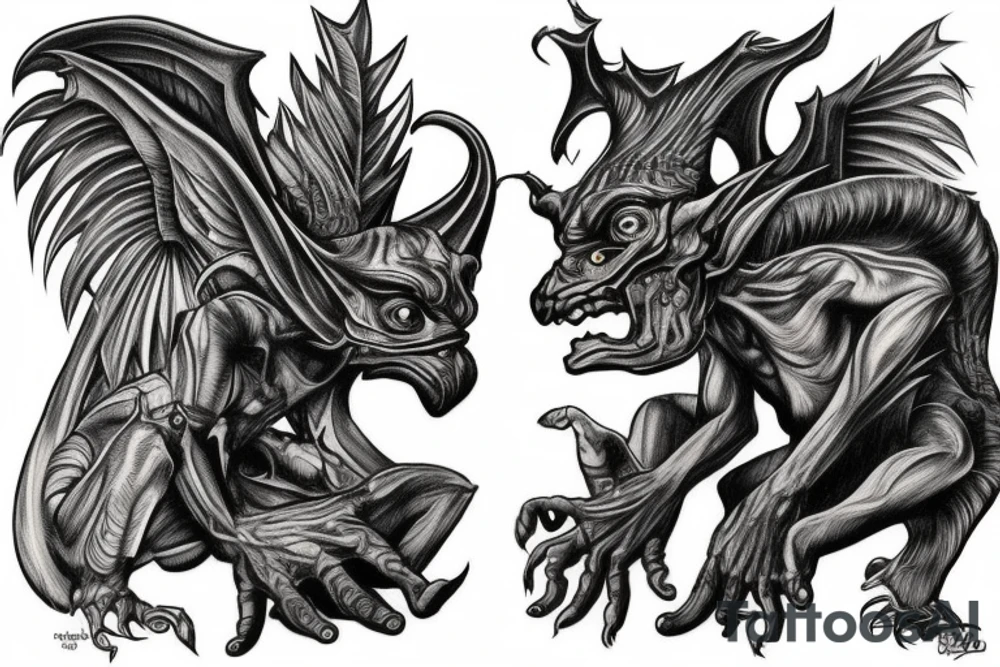 two dark and detailed symettrical gargoyles tattoo idea