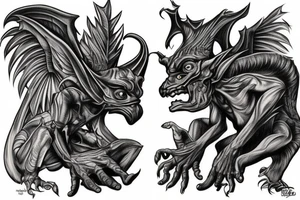two dark and detailed symettrical gargoyles tattoo idea