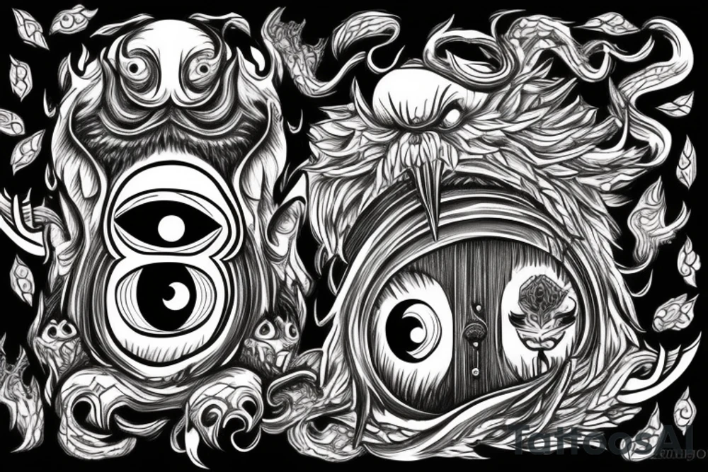 traditional style monster door with eyes and hands tattoo idea