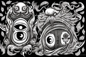 traditional style monster door with eyes and hands tattoo idea