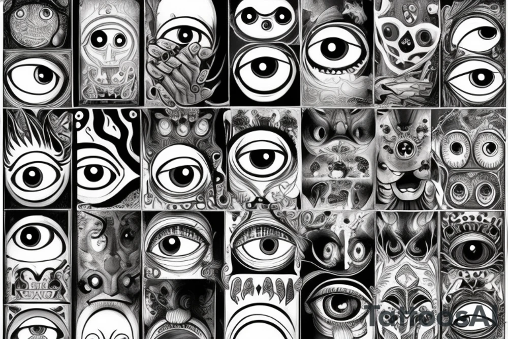 traditional style monster door with eyes and hands tattoo idea