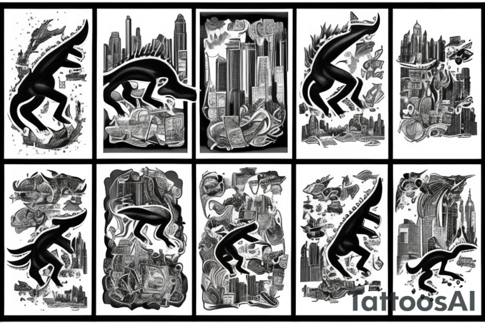 dinousaur atacking a city tattoo idea