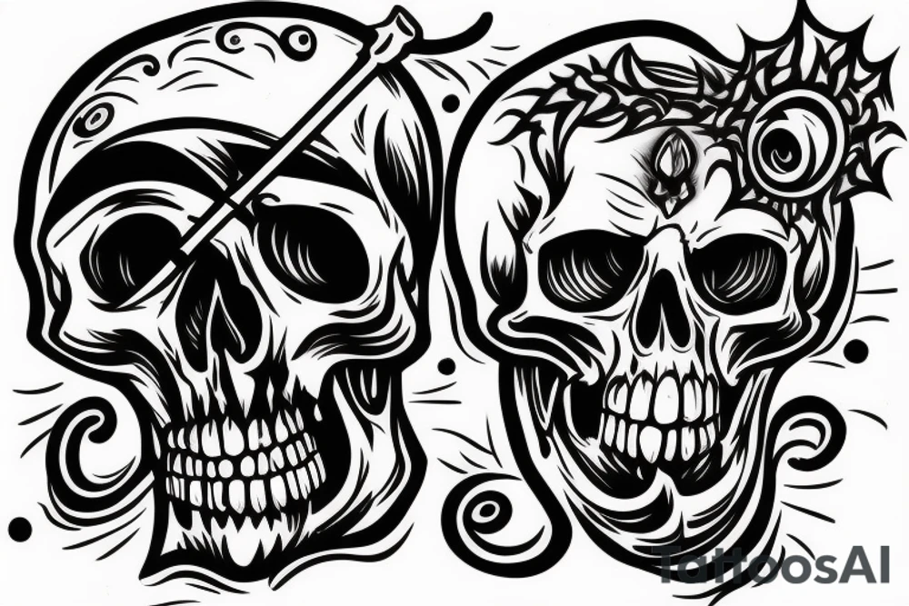 fine line skull with a sword impaled on fire tattoo idea