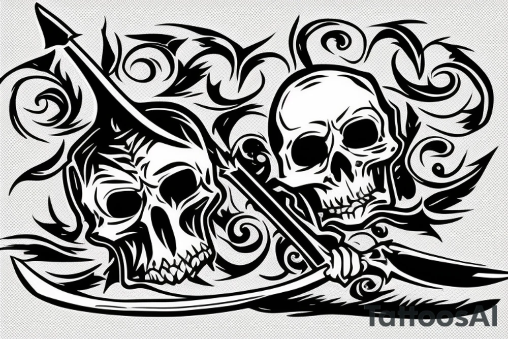 fine line skull with a sword impaled on fire tattoo idea