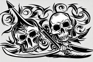 fine line skull with a sword impaled on fire tattoo idea